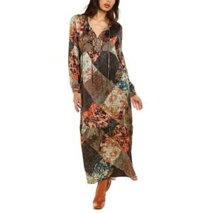 Johnny Was Workshop Mabel‎ Patchwork Maxi Dress 100% Silk Boho Floral Leopard XS